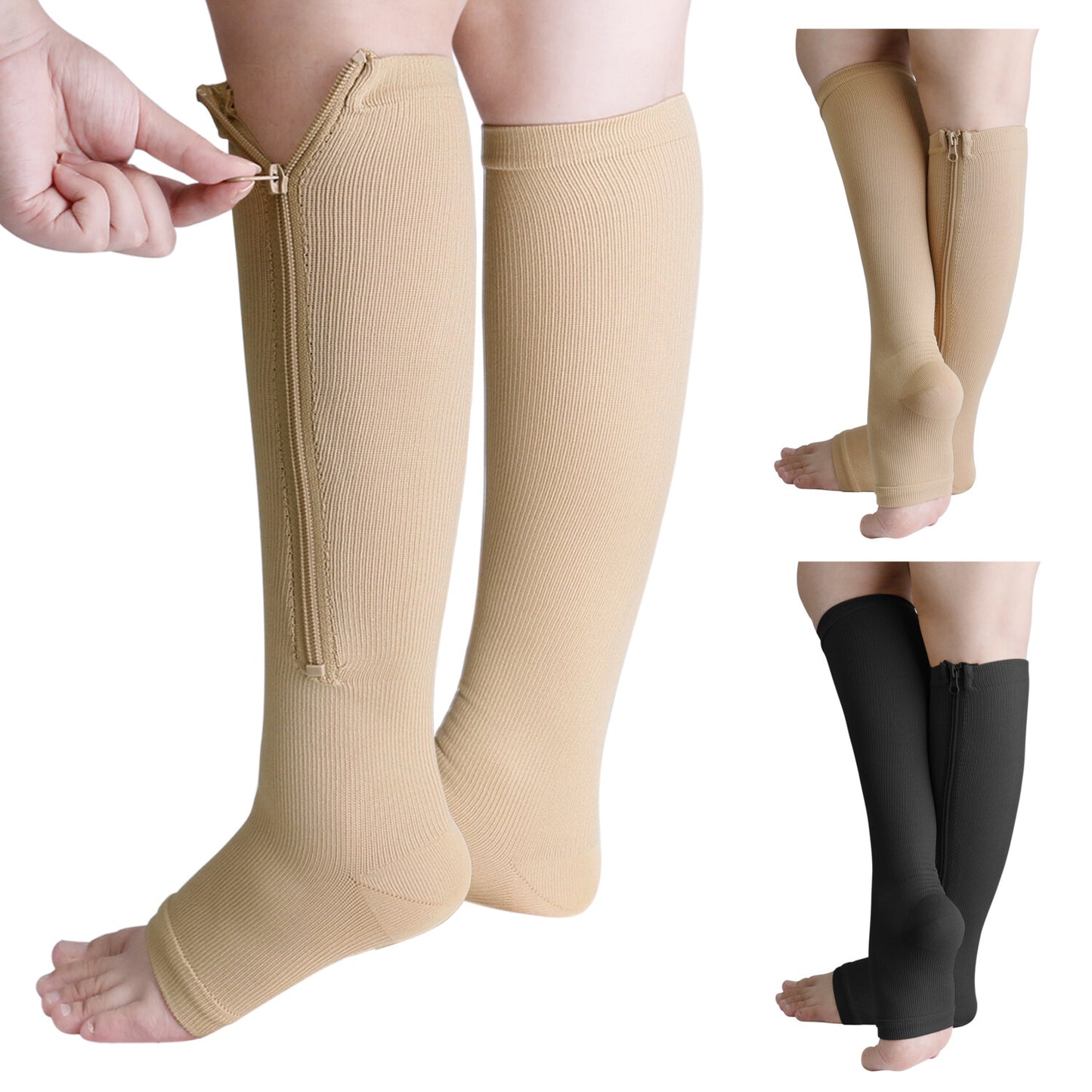 Nylon Zipper Compression Socks Support Graduated Stockings Mens Womens 20-30Mmhg