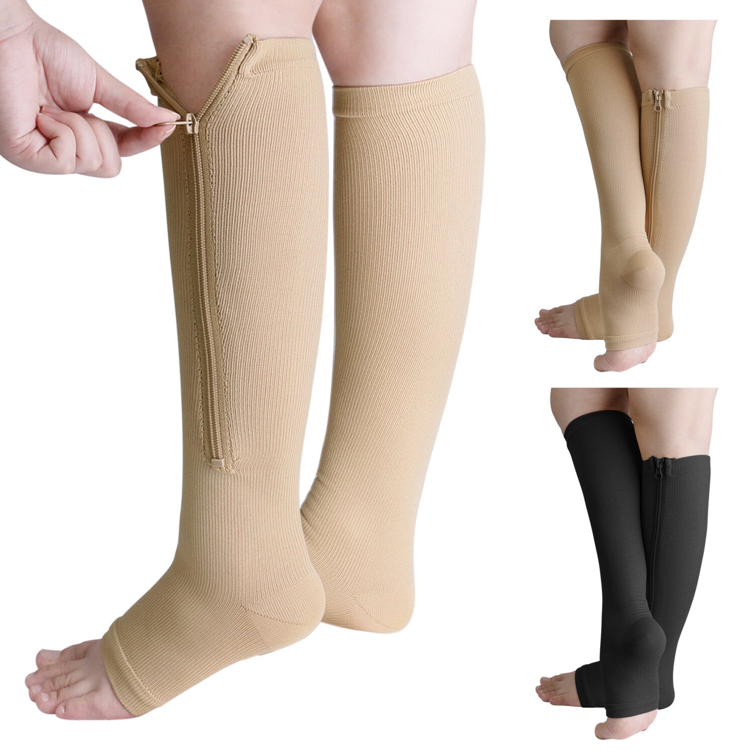 Nylon Zipper Compression Socks Support Graduated Stockings Mens Womens 20-30Mmhg