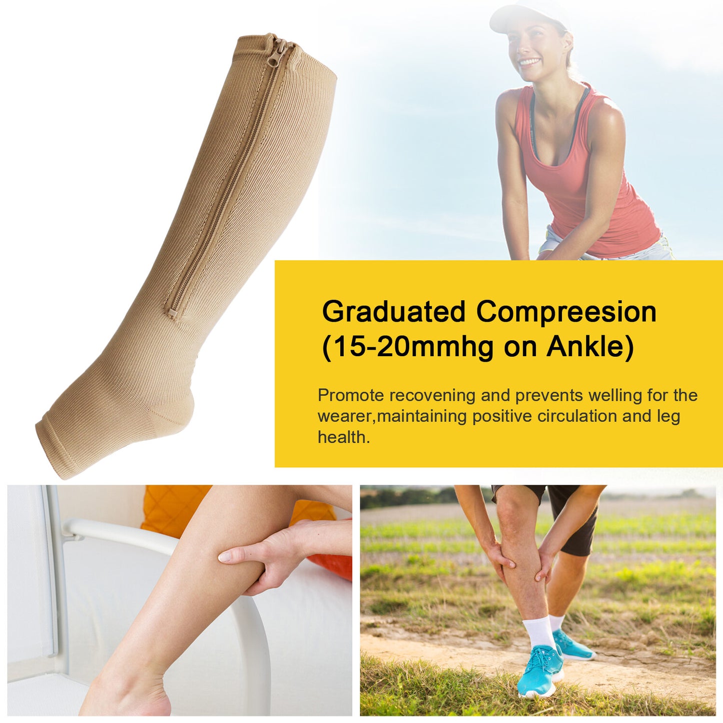 Nylon Zipper Compression Socks Support Graduated Stockings Mens Womens 20-30Mmhg