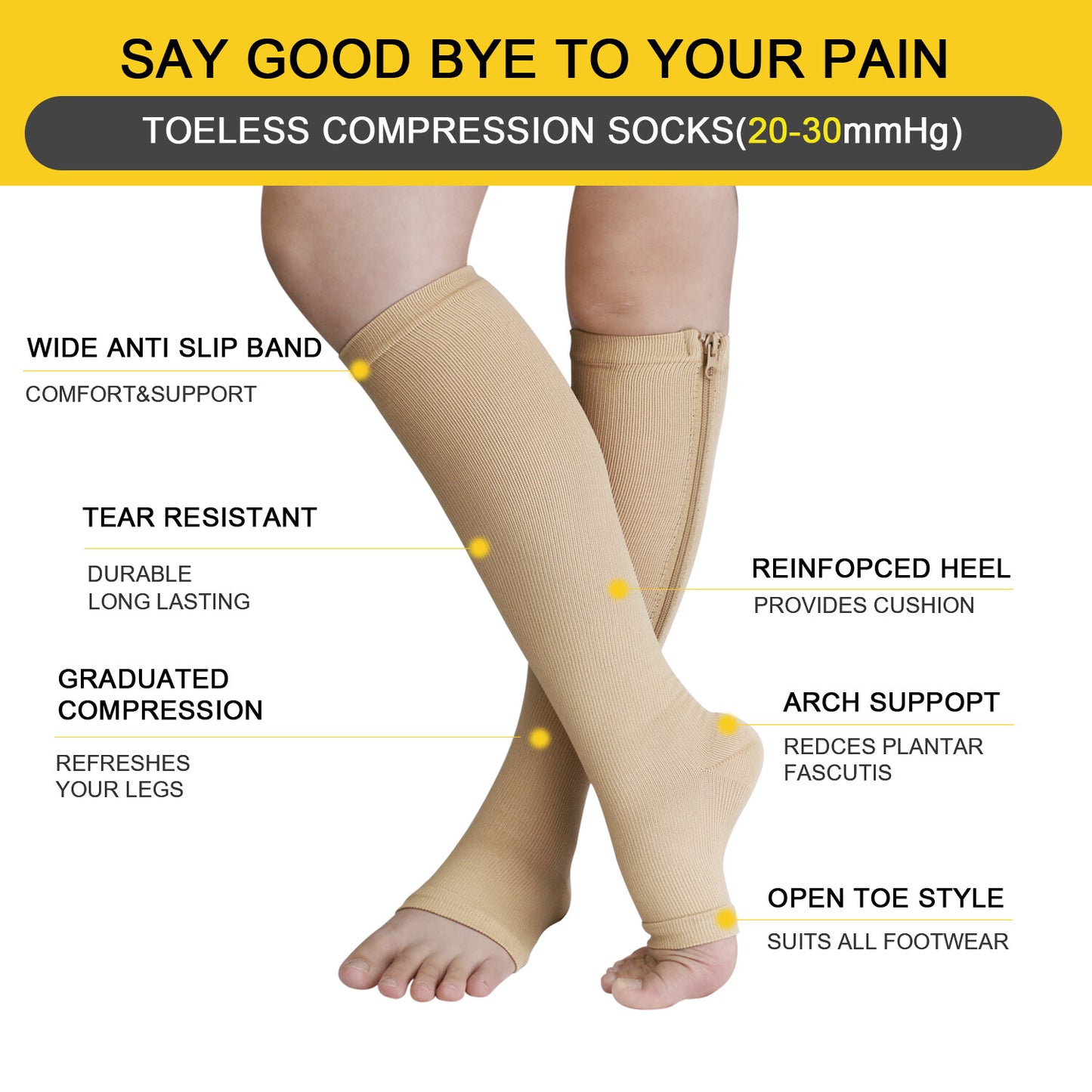 Nylon Zipper Compression Socks Support Graduated Stockings Mens Womens 20-30Mmhg