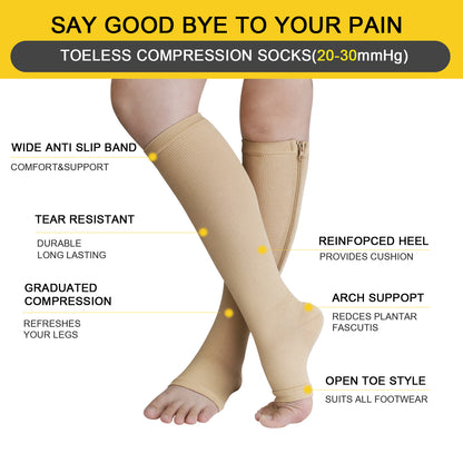 Nylon Zipper Compression Socks Support Graduated Stockings Mens Womens 20-30Mmhg