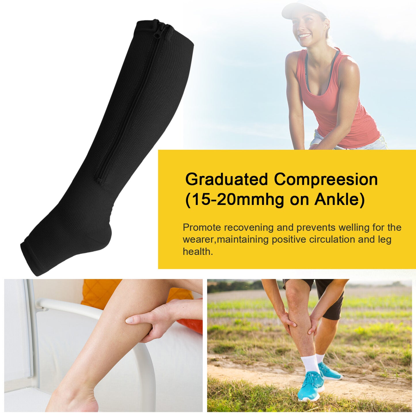 Nylon Zipper Compression Socks Support Graduated Stockings Mens Womens 20-30Mmhg